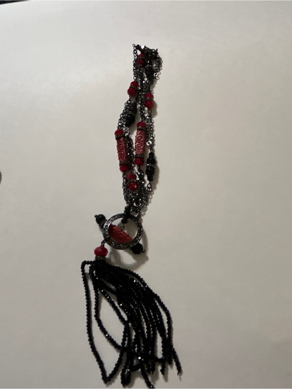 Gothic Multi Strand Gunmetal Chain Red Cinnabar Bead Tassel Necklace